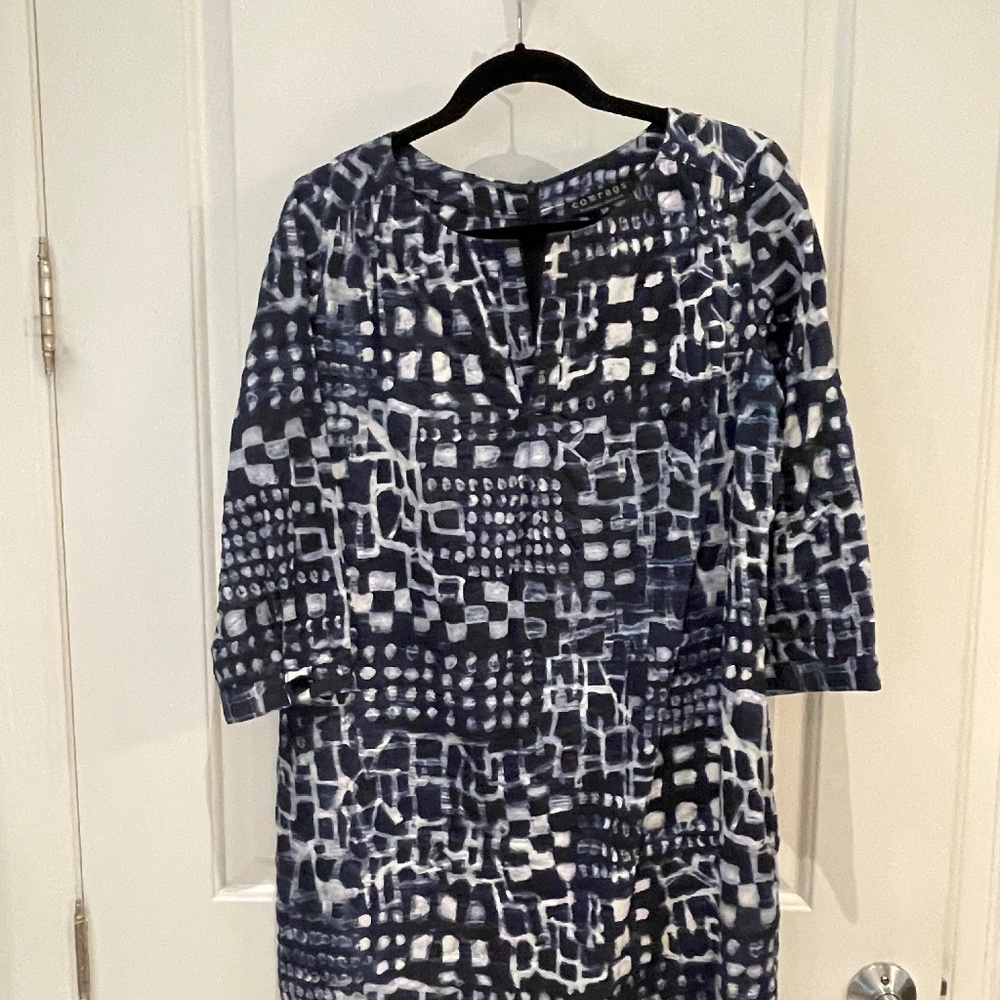 Comrags tunic dress, blue and white pattern, size S